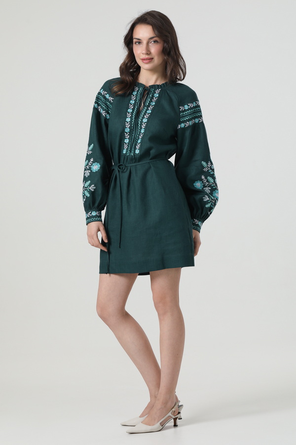 Embroidered dress vyshyvanka made of green linen "Ruzhyna"